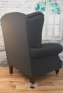 Queen Anne Wing Back Cottage Fireside Chair in Dark Grey Herringbone Fabric