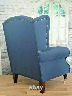 Queen Anne Wing Back Cottage Fireside Chair in Denim Blue Herringbone + Cushion