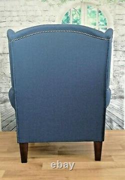 Queen Anne Wing Back Cottage Fireside Chair in Denim Blue Herringbone + Cushion