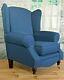 Queen Anne Wing Back Cottage Fireside Chair In Denim Blue Herringbone Fabric