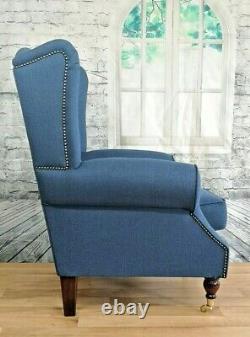 Queen Anne Wing Back Cottage Fireside Chair in Denim Blue Herringbone Fabric