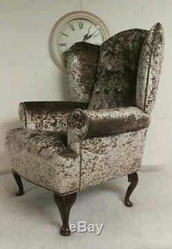 Queen Anne Wing Back Fireside Chair Luxury Crushed Velvet Champagne Chair