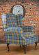Queen Anne Wing Back Fireside Chair In Blue And Yellow Lana Tartan Fabric