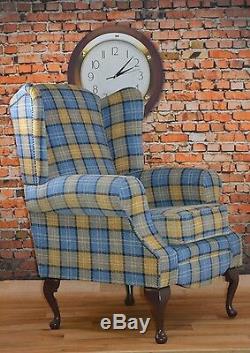 Queen Anne Wing Back Fireside Chair in Blue and Yellow Lana Tartan Fabric