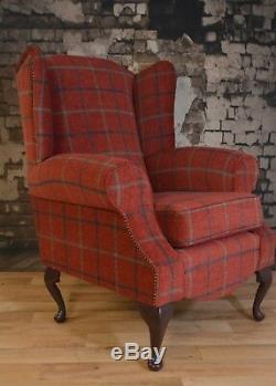 Queen Anne Wing Back Fireside Chair in Luxury Claret Deep Red Check Fabric