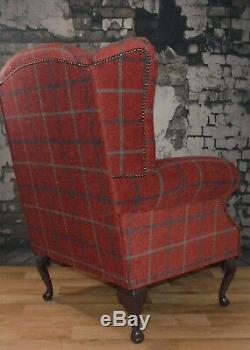 Queen Anne Wing Back Fireside Chair in Luxury Claret Deep Red Check Fabric