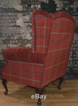 Queen Anne Wing Back Fireside Chair in Luxury Claret Deep Red Check Fabric