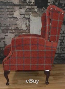 Queen Anne Wing Back Fireside Chair in Luxury Claret Deep Red Check Fabric