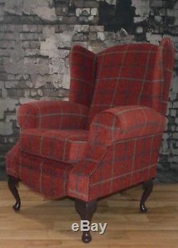 Queen Anne Wing Back Fireside Chair in Luxury Claret Deep Red Check Fabric