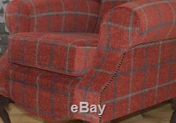 Queen Anne Wing Back Fireside Chair in Luxury Claret Deep Red Check Fabric