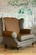 Queen Anne Wing Back Fireside Snuggle Chair Brown & Tan Faux Leather + Fabric