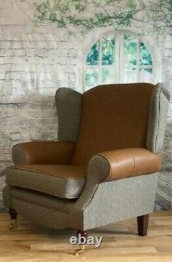 Queen Anne Wing Back Fireside SNUGGLE Chair Brown & Tan Faux leather + Fabric