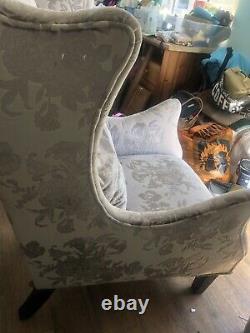 Queen Anne Wingback Fireside Chair Armchair Grey Patterned Velour
