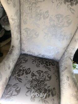 Queen Anne Wingback Fireside Chair Armchair Grey Patterned Velour