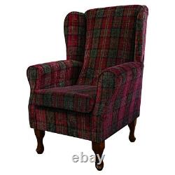 Red Tartan Wingback Armchair Fireside Chair Handmade in Lana Check Fabric UK
