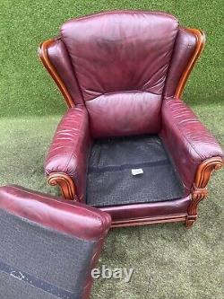 Reproduction Maroon Leather Fireside Wingback Scroll Arm Carved Armchair