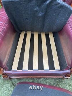 Reproduction Maroon Leather Fireside Wingback Scroll Arm Carved Armchair