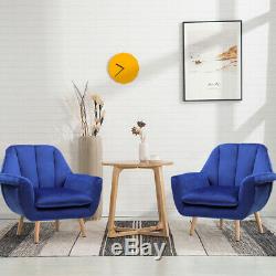 Retro Blue Velvet Tub Sofa Wing Back Fireside Living Room Lounge Chair Armchair