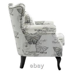 Retro Butterfly Print Wing Back Chesterfield Chair Queen Anne Fireside Armchair