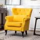 Retro Button Wing Back Armchair Linen Upholstered Fireside Armchair Wooden Legs