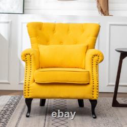 Retro Button Wing Back Armchair Linen Upholstered Fireside Armchair Wooden Legs