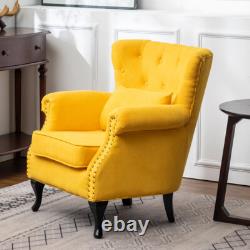 Retro Button Wing Back Armchair Linen Upholstered Fireside Armchair Wooden Legs
