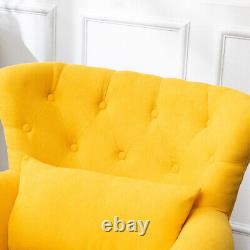 Retro Button Wing Back Armchair Linen Upholstered Fireside Armchair Wooden Legs
