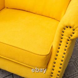 Retro Button Wing Back Armchair Linen Upholstered Fireside Armchair Wooden Legs
