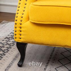 Retro Button Wing Back Armchair Linen Upholstered Fireside Armchair Wooden Legs