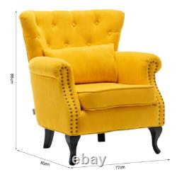Retro Button Wing Back Armchair Linen Upholstered Fireside Armchair Wooden Legs