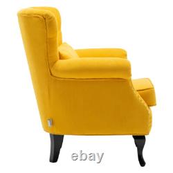Retro Button Wing Back Armchair Linen Upholstered Fireside Armchair Wooden Legs