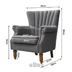 Retro Linen Fabric Armchair Queen Anne Style High Back Wing Chair Fireside Sofa