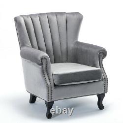 Retro Velvet Armchair Lounge Scalloped High Back Chair Queen Anne Fireside Sofa
