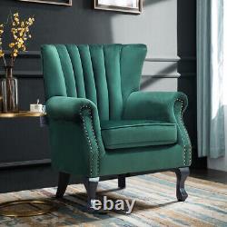 Retro Velvet Nailhead Armchair Oyster High Back Chair Lounge Fireside Sofa Seat