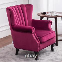 Retro Wine Red Sofa Armchair Wing Back Rivet Scroll Arm Chair Fireside Velvet UK