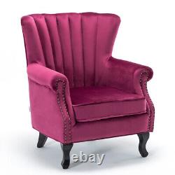 Retro Wine Red Sofa Armchair Wing Back Rivet Scroll Arm Chair Fireside Velvet UK