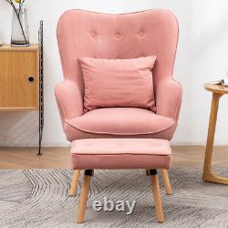 Retro Wing Back Armchair Fabric Upholstered Wooden Leg Fireside Chair +Footstool