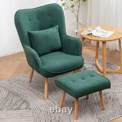 Retro Wing Back Armchair Fabric Upholstered Wooden Leg Fireside Chair +Footstool