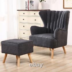 Retro Wing Back Armchair Fireside Lounge Chair Ridged Back With Foot Rest Stool