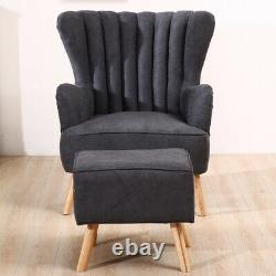 Retro Wing Back Armchair Fireside Lounge Chair Ridged Back With Foot Rest Stool