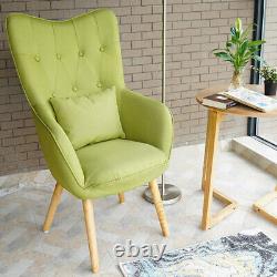 Retro Wing Back Armchair Linen Upholstered Living Room Fireside Chair Wooden Leg