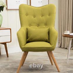 Retro Wing Back Armchair Linen Upholstered Living Room Fireside Chair Wooden Leg