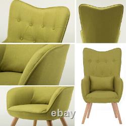 Retro Wing Back Armchair Linen Upholstered Living Room Fireside Chair Wooden Leg