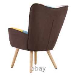 Retro Wing Back Armchair Patchwork Linen Upholstered Home Fireside Sofa Chair