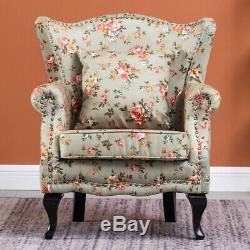 Retro Wing Back Fireside Floral Fabric Chesterfield Armchair Sofa Lounge Chair