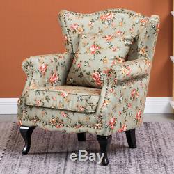 Retro Wing Back Fireside Floral Fabric Chesterfield Armchair Sofa Lounge Chair