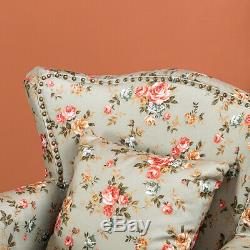 Retro Wing Back Fireside Floral Fabric Chesterfield Armchair Sofa Lounge Chair