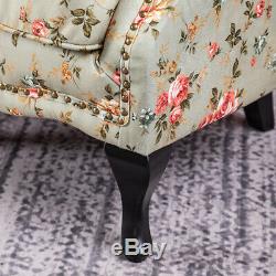 Retro Wing Back Fireside Floral Fabric Chesterfield Armchair Sofa Lounge Chair