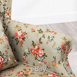 Retro Wing Back Fireside Floral Fabric Chesterfield Armchair Sofa Lounge Chair