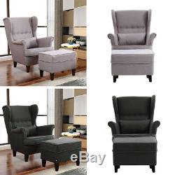 Retro Wing Chair High Back Queen Anne Armchair Fireside with Stool Lounge Pillow